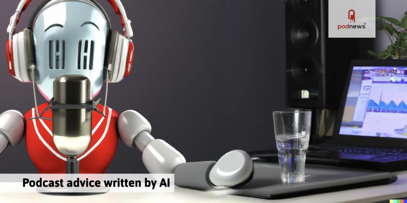AI generated artwork of a red robot in a recording studio making a podcast
