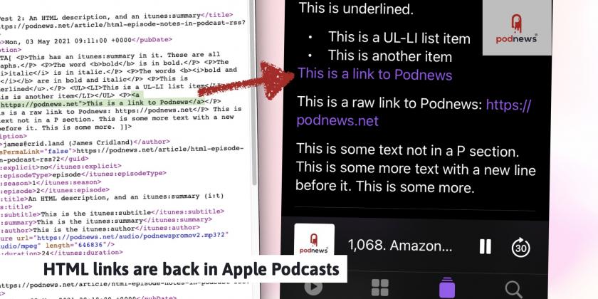 The Apple Podcasts app, and HTML links in it