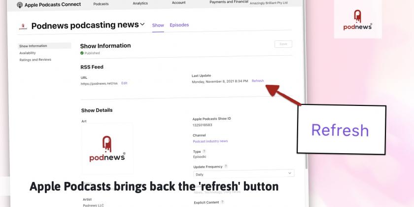 A view of the Apple Podcasts Connect system, with the new refresh button highlighted