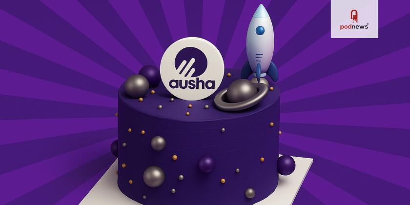 A cake with an Ausha logo on it