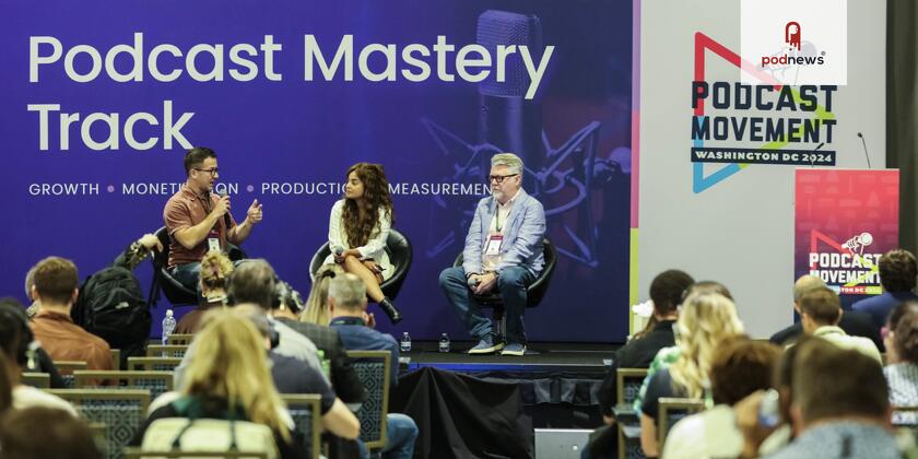 Bryan Barletta (left) and Tom Webster (right) speak at Podcast Movement 2024 with Fatima Zaidi