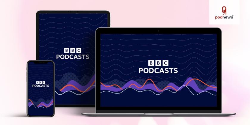 A BBC Podcasts logo on a set of screens