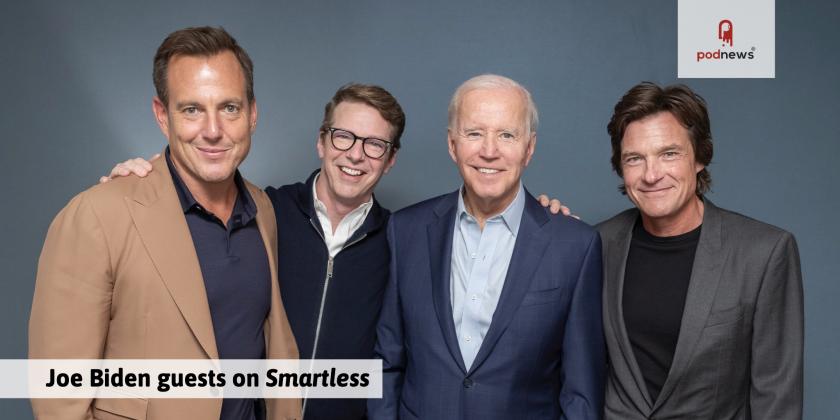 President Joe Biden records an episode of the “Smartless” podcast with hosts Jason Bateman, Sean Hayes and Will Arnett, Thursday, October 13, 2022, at the W Los Angeles hotel in Los Angeles.
