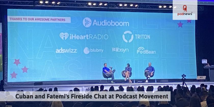 A picture of the Podcast Movement stage, and some microscopic people that might be Mark Cuban (left) and Falon Fatemi (middle) but your guess is as good as ours