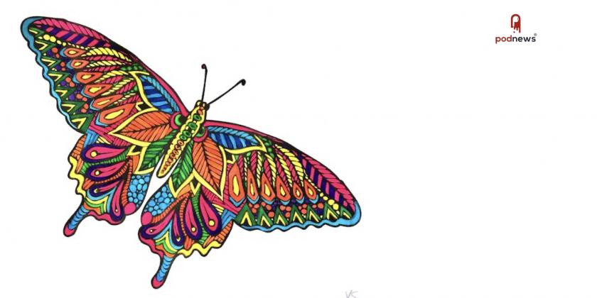 A colourful butterfly, drawn by the podcast host