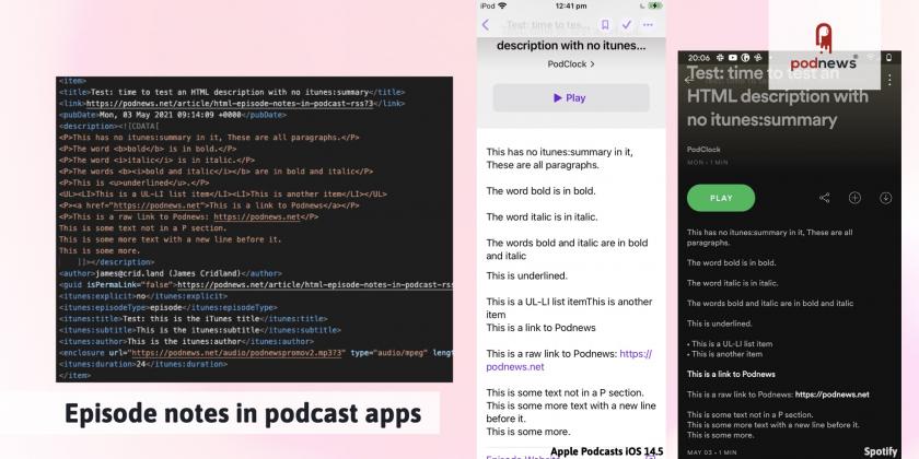 Computer code and a comparison with how episode notes display in different apps