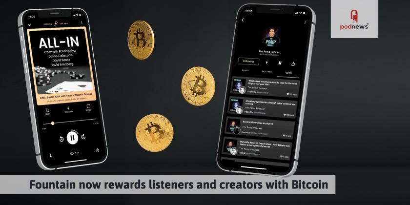 Phones using the Fountain app with some Bitcoin pretend coins in the middle of them
