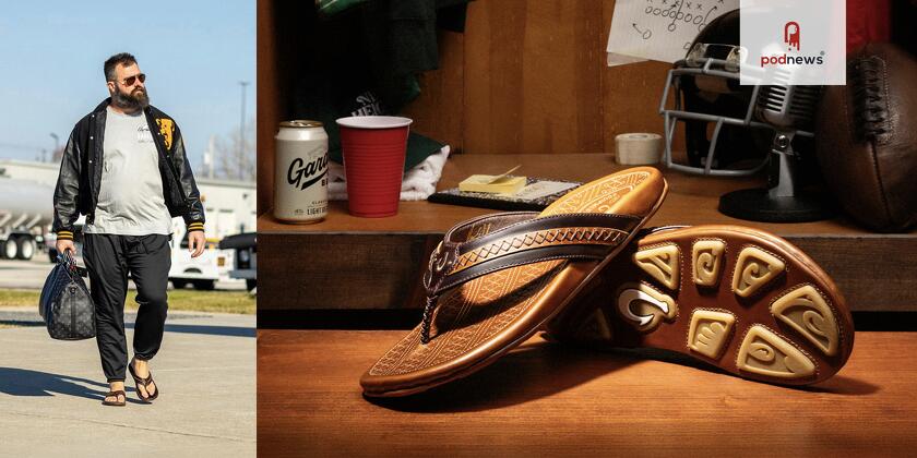 Jason Kelce wearing some sandals, left; some sandals, right