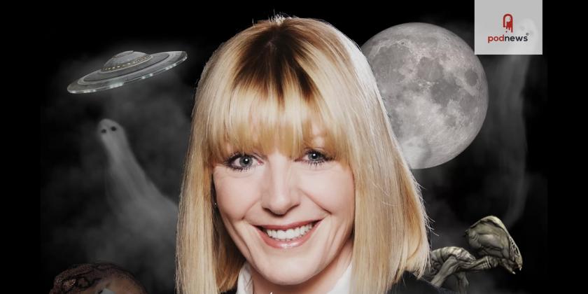 An image of Yvette Fielding in front of symbols of the paranormal