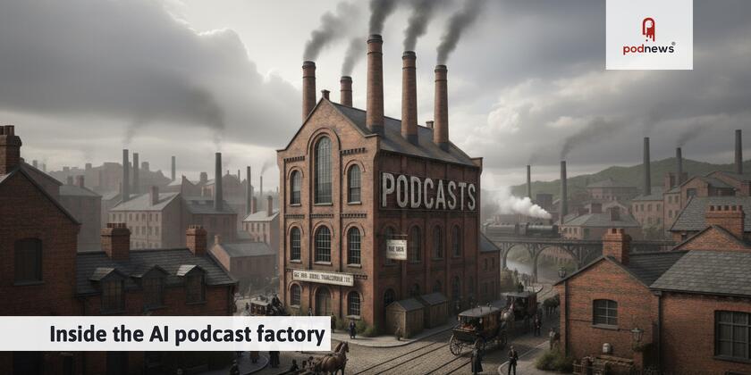 A podcast factory with smoke belching out of the top