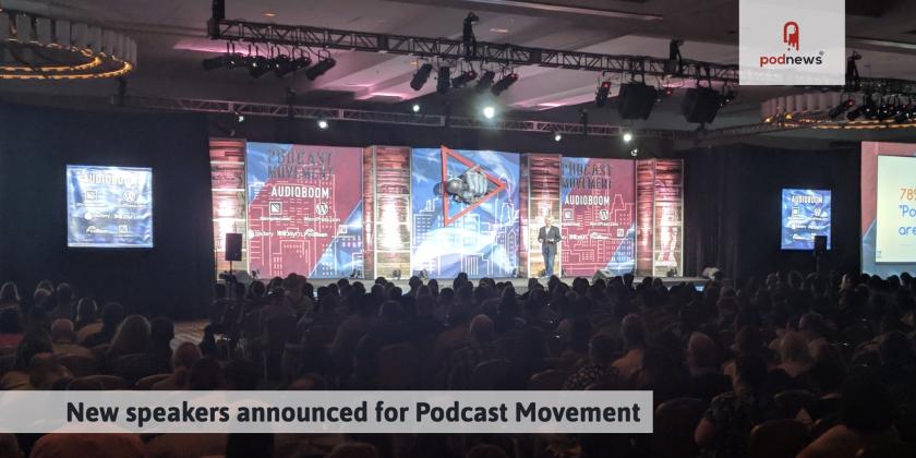 Tom Webster on stage at Podcast Movement in 2018