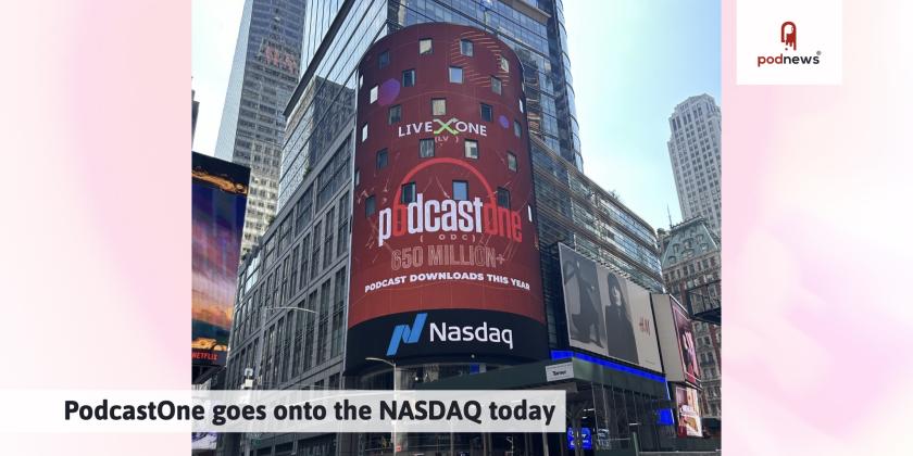 A big electronic sign in New York promoting PodcastOne's listing