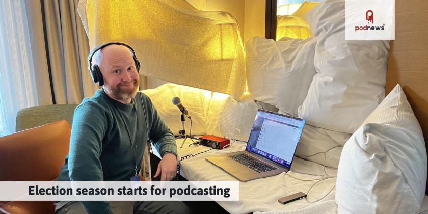 Brad Mielke, the host of ABC News’ flagship daily podcast Start Here, with his hotel room studio