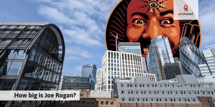 A massive Joe Rogan peering over the City of London