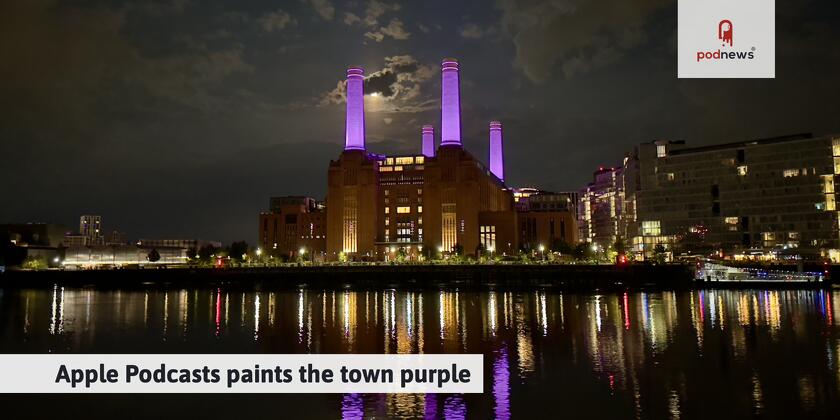 The Battersea Power Station chimneys light up in Apple Podcasts purple