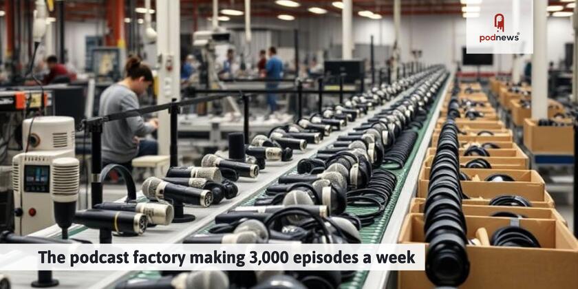 An AI generated image: A busy factory that is producing many different microphones and headphones. There are lots and lots of microphones and headphones on a conveyor belt, being put into boxes at the end of the conveyor belt. Make this picture realistic looking, like a photograph or a movie.