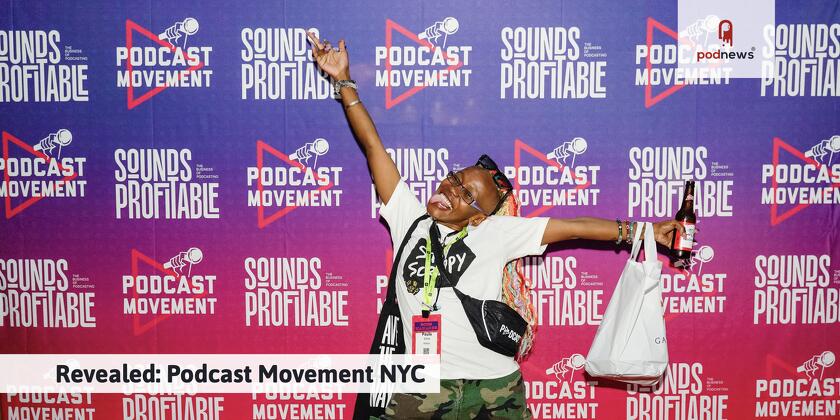 Paula Sima poses in front of a Sounds Profitable and Podcast Movement banner
