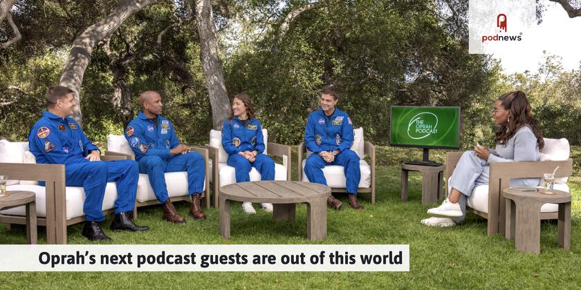 Oprah interviews the crew in her back yard, which oddly has a television on a table