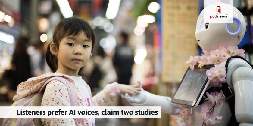 A young girl wearing a pink floral jacket and a backpack, reaching out to touch the hand of a white humanoid robot. The robot is adorned with pink cherry blossoms and has a tablet mounted on its chest. They appear to be in a busy, brightly lit indoor market or shopping area.