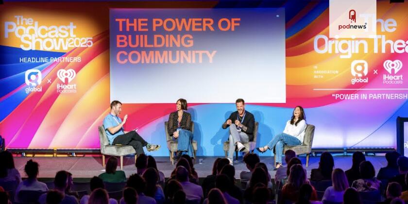 Global and iHeart shown on the Podcast Show signage in 2025