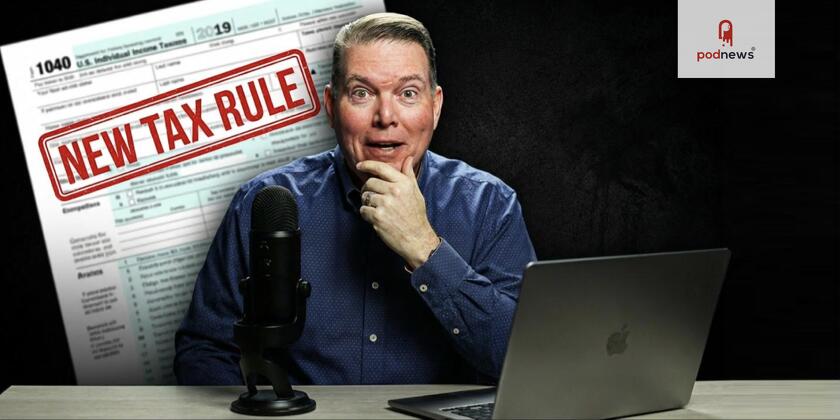 The author at a desk, in front of a sign saying NEW TAX RULE!