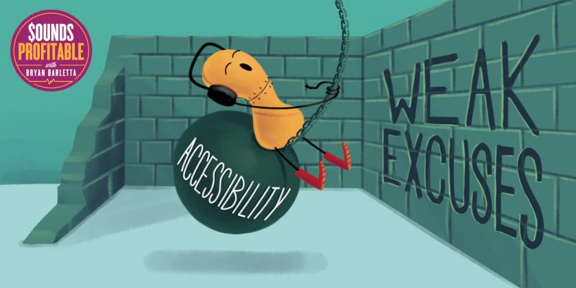 An Audobot swings on a wrecking ball with Accessibility written on the side, imitating Miley Cyrus, and aiming directly at a wall with Weak Excuses written on it.