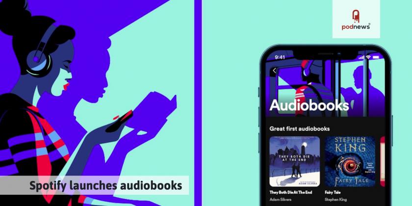 A screenshot of Spotify's new audiobooks feature, and a drawing of someone using a phone