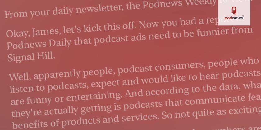 A transcript from a Podnews Weekly Review podcast, as seen in the iPad version of Apple Podcasts