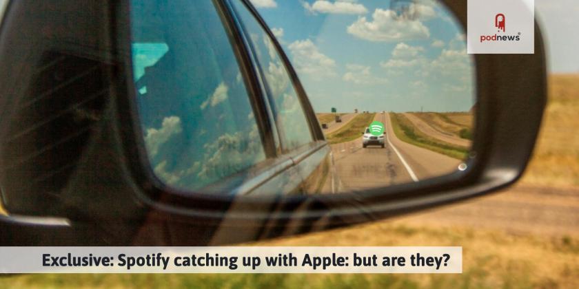 A rearview mirror of a car, with Spotify quite far behind